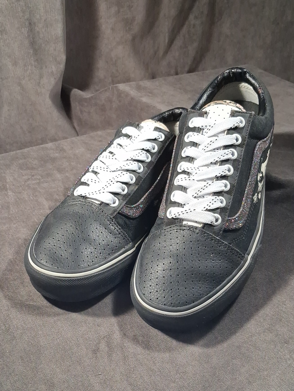 Vans Custom Old Skool Perforated Leather Canvas Glitter Pinup Sneakers VG US10.5